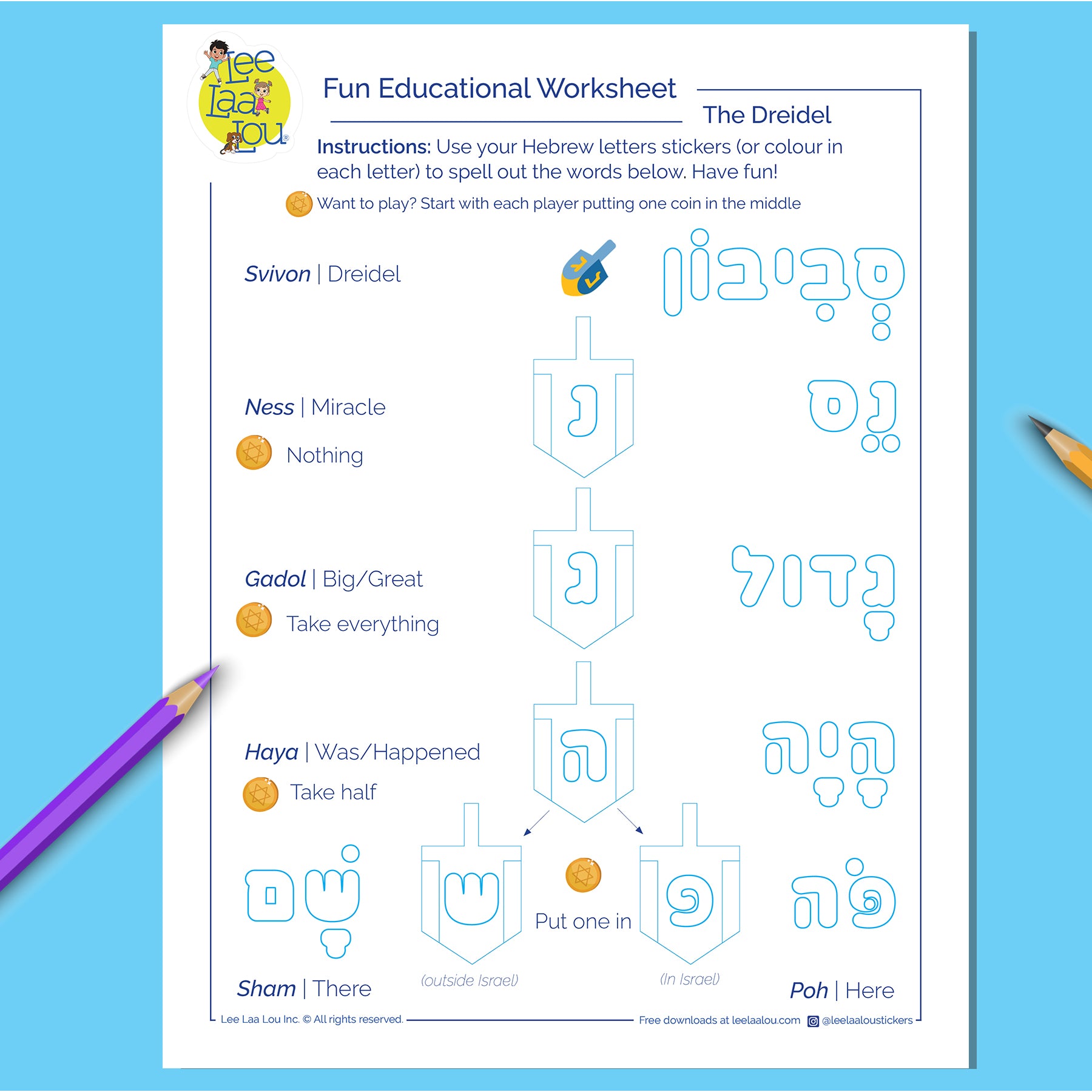 Educational worksheet about the Hebrew letters used in a dreidel game.Hanukkah worksheet for kids , schools, and classrooms.