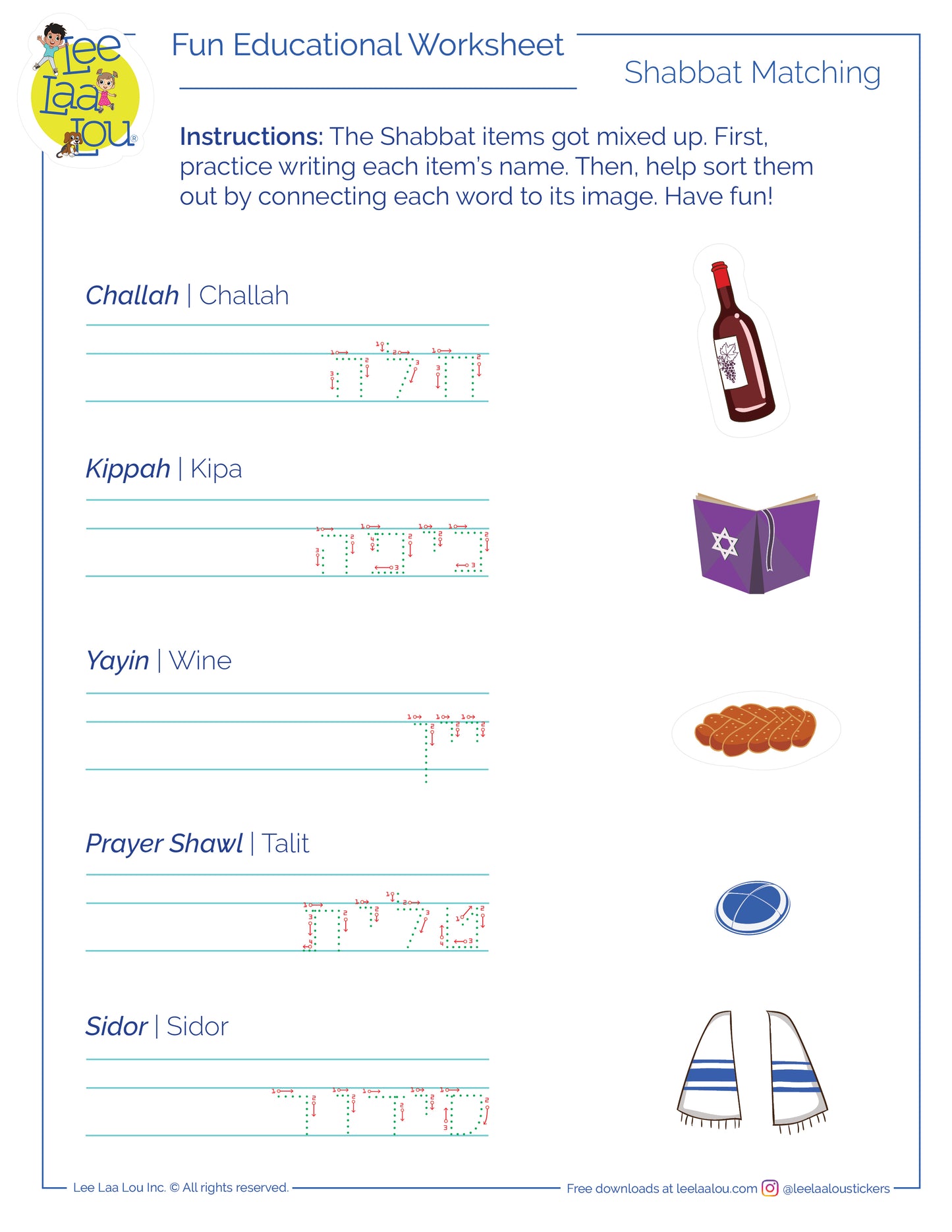 Shabbat activity - learn Hebrew. Shabbat Items