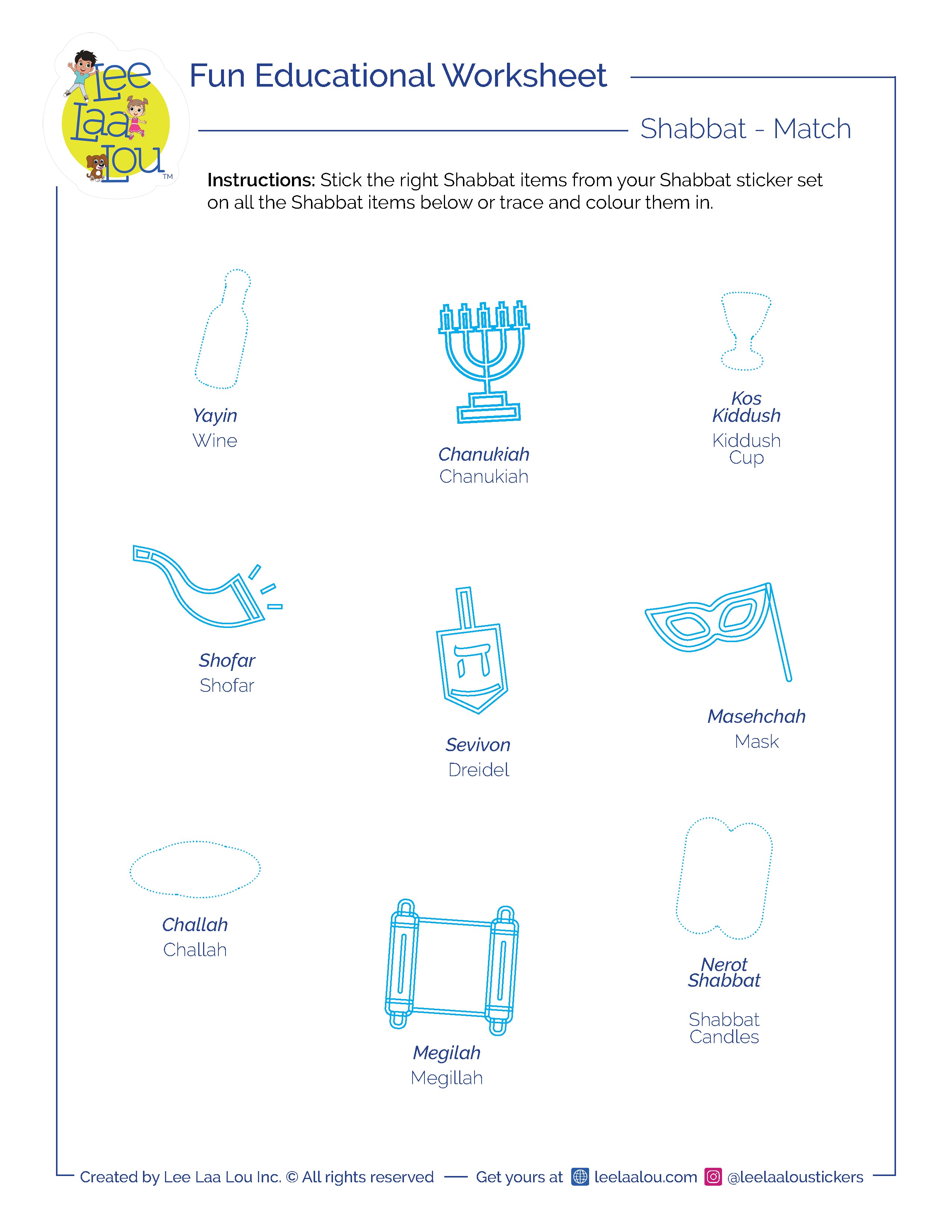 Shabbat Worksheet- Match The Items – Lee Laa Lou