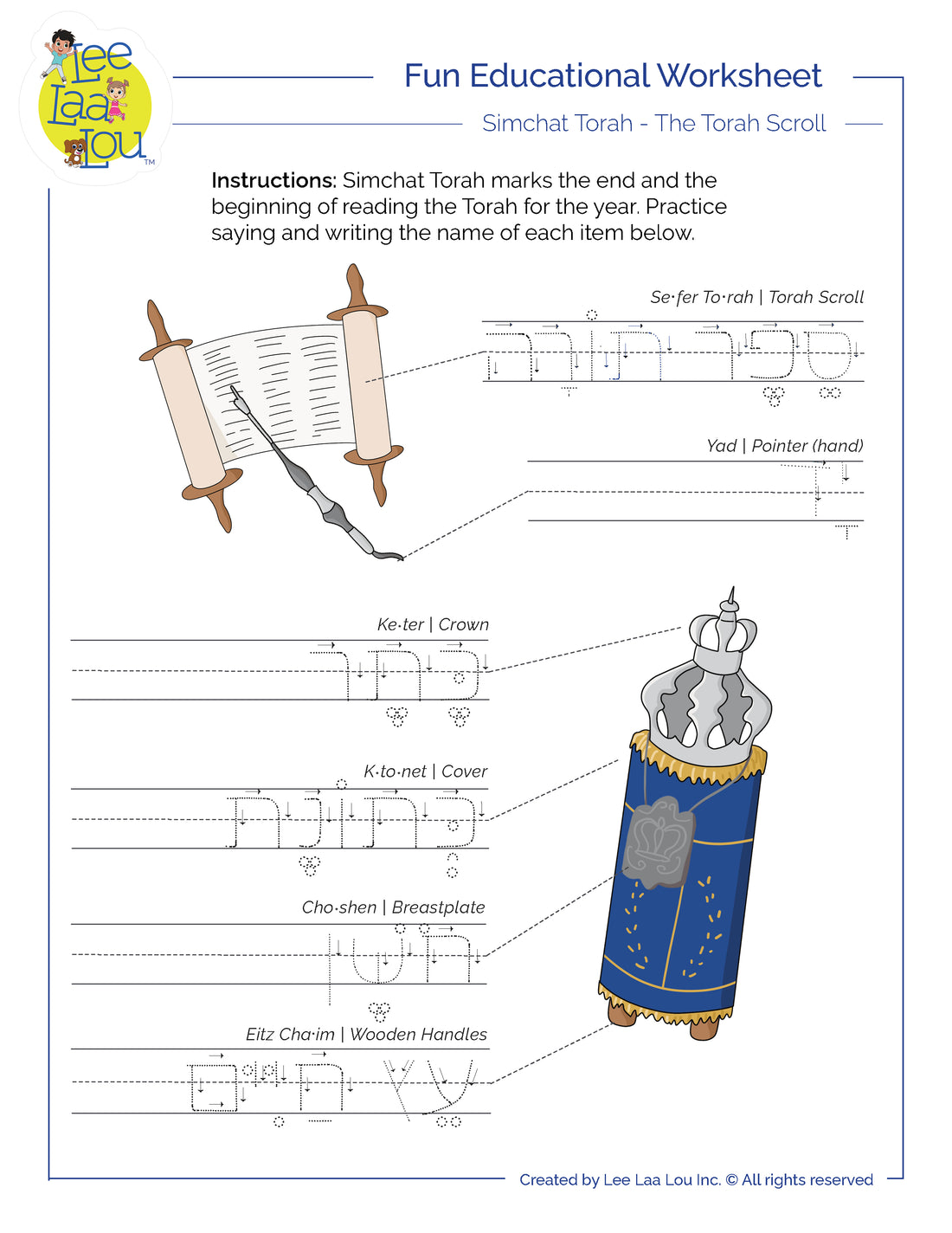 Simchat Torah Worksheet. Learn how to write and pronounce the different parts and accessories of the Torah.